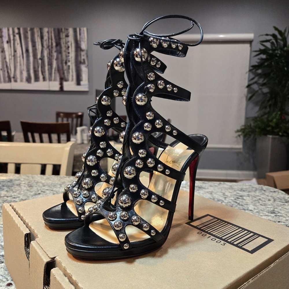 NEW Christian Louboutin Amazoubille Ghille Cage Black Studded Heels Size 7.5
